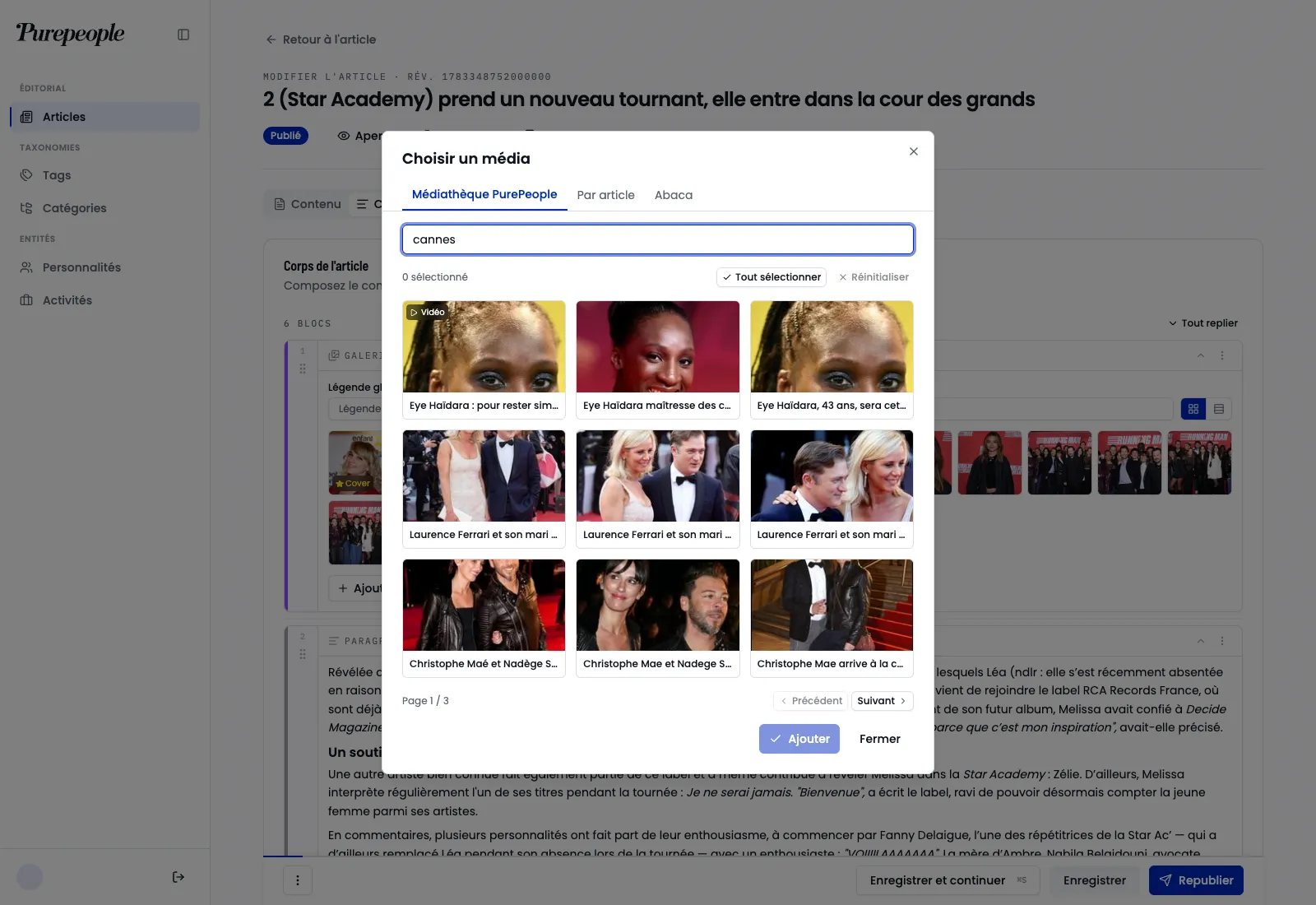 The media picker dialog: three source tabs, a search for "cannes" returning images and a video, multi-select and pagination.