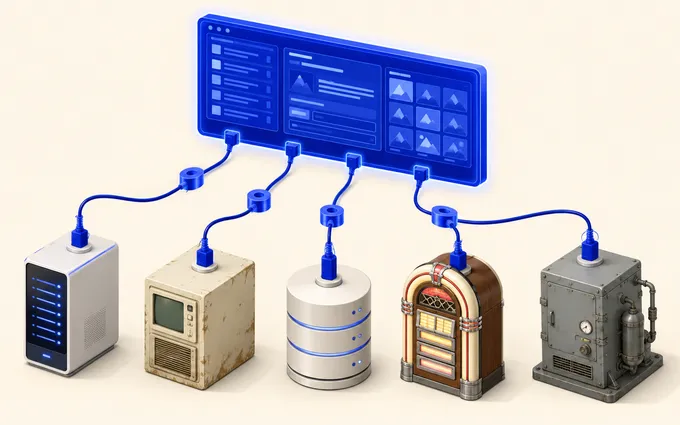 Isometric illustration: one glowing blue admin dashboard connected by identical cables and adapter rings to five very different database machines — a modern server, an aged terminal, a database cylinder, a jukebox, and an old industrial boiler.