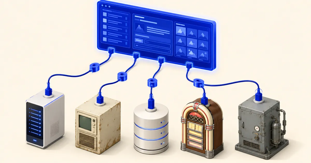 Isometric illustration: one glowing blue admin dashboard connected by identical cables and adapter rings to five very different database machines — a modern server, an aged terminal, a database cylinder, a jukebox, and an old industrial boiler.