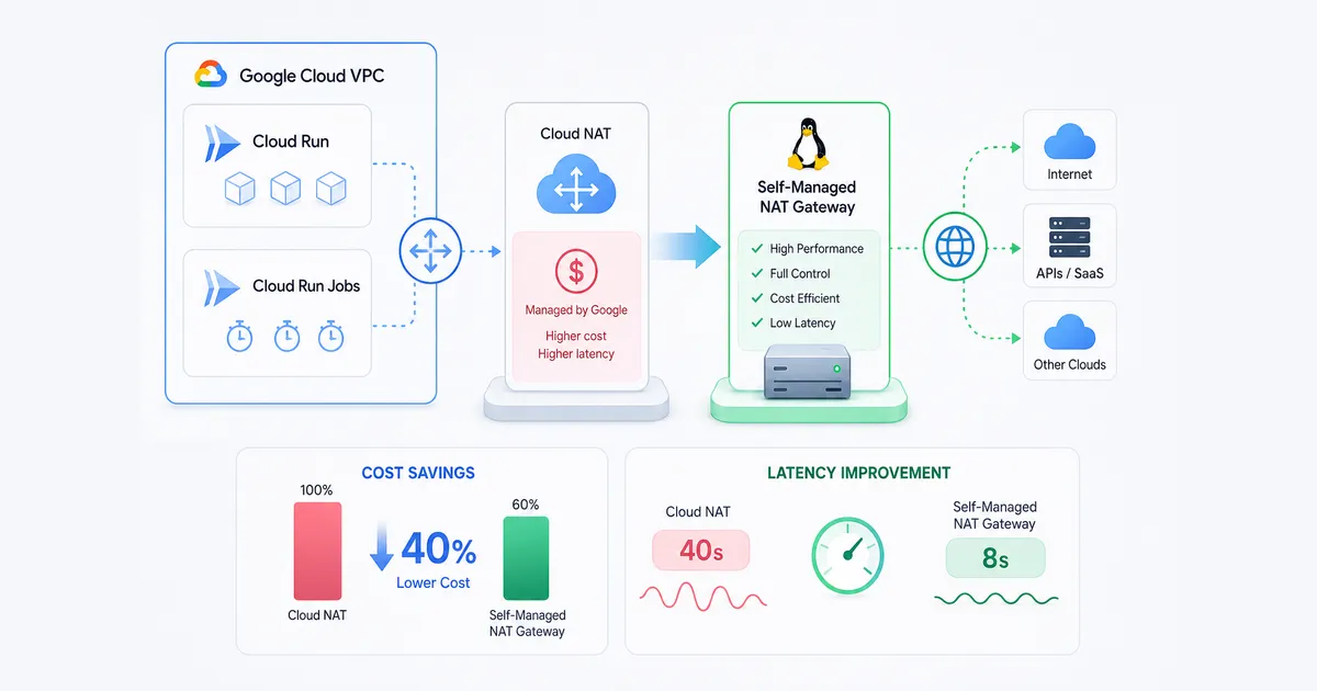 Diagram comparing Cloud NAT (higher cost, higher latency) to a self-managed NAT gateway (high performance, full control, cost efficient, low latency), with call-outs showing 40% lower cost and latency dropping from 40s to 8s.