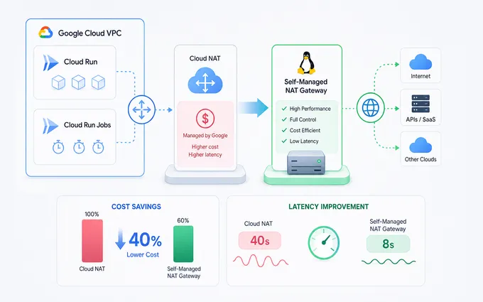 Diagram comparing Cloud NAT (higher cost, higher latency) to a self-managed NAT gateway (high performance, full control, cost efficient, low latency), with call-outs showing 40% lower cost and latency dropping from 40s to 8s.