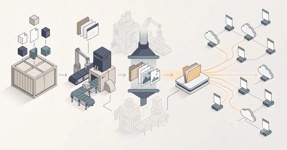 Isometric pipeline: a container of source files feeds a factory that builds and compresses a folder of static assets, then fans out to clouds and browsers.