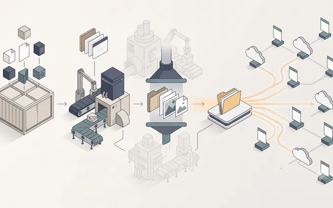 Isometric pipeline: a container of source files feeds a factory that builds and compresses a folder of static assets, then fans out to clouds and browsers.