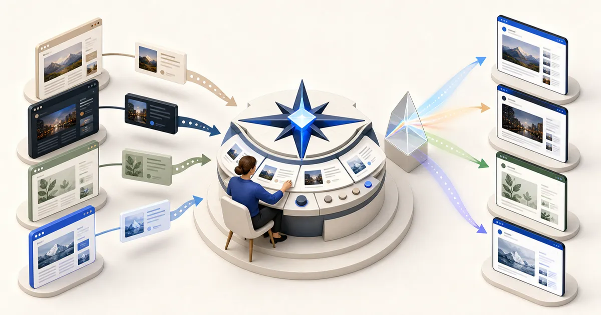 Isometric editorial workflow: article cards from several source sites converge on a blue compass-like Polaris hub, where an editor routes them through a localization prism to destination websites.