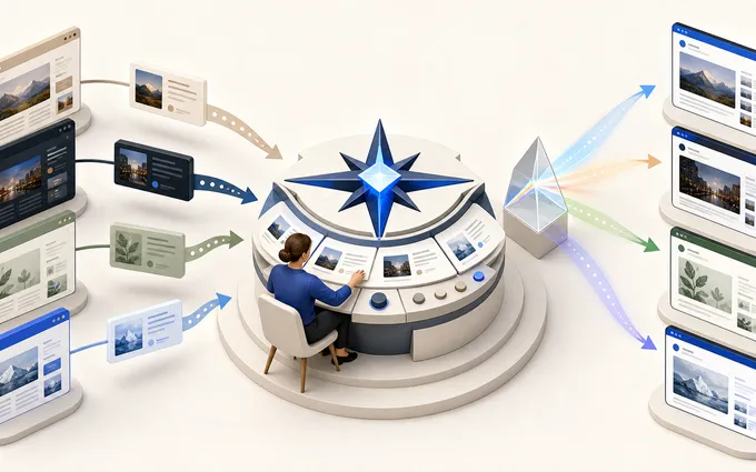 Isometric editorial workflow: article cards from several source sites converge on a blue compass-like Polaris hub, where an editor routes them through a localization prism to destination websites.